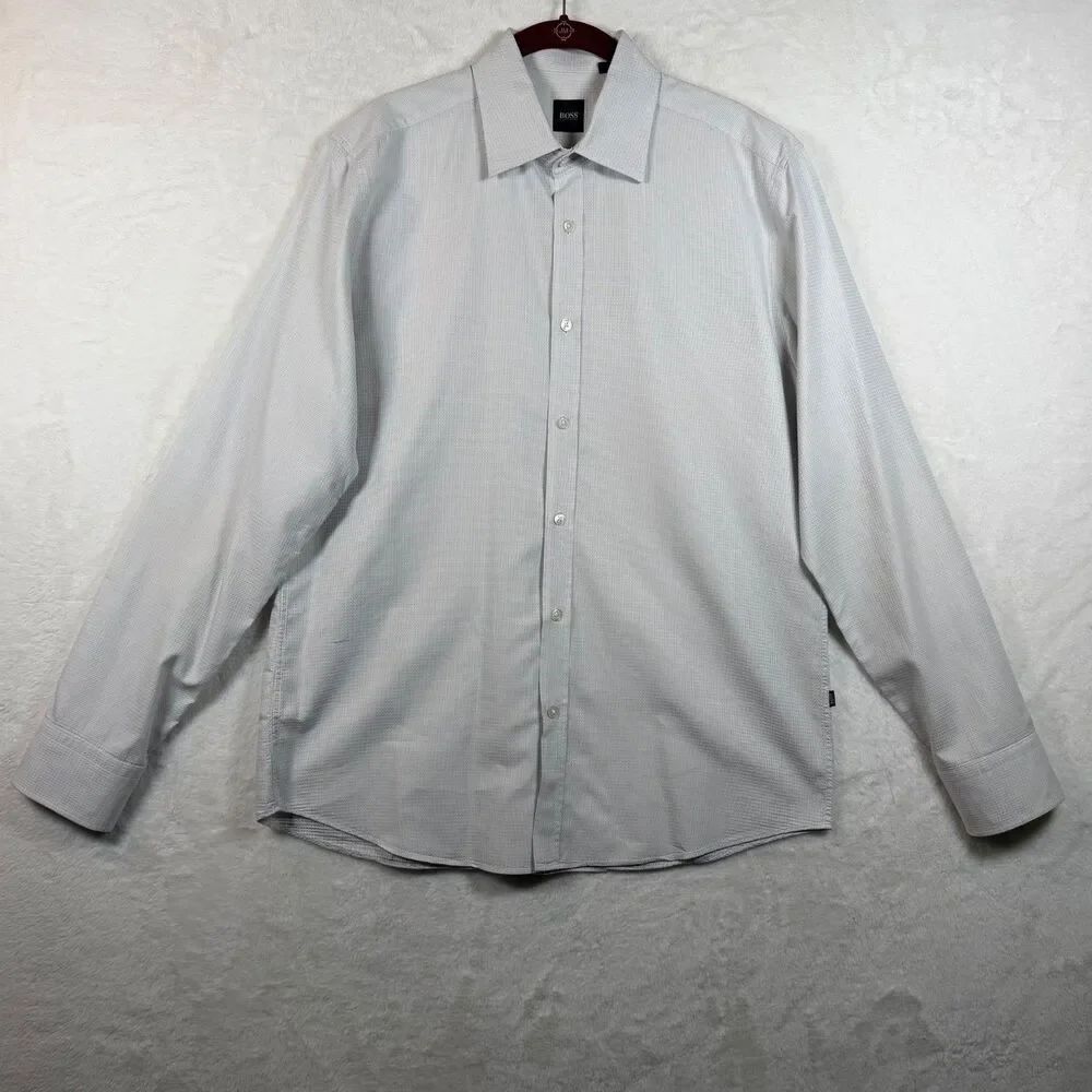 Hugo Boss Mens Dress Shirt L Pale Gray Geometric Textured 100% Cotton Long Sleev